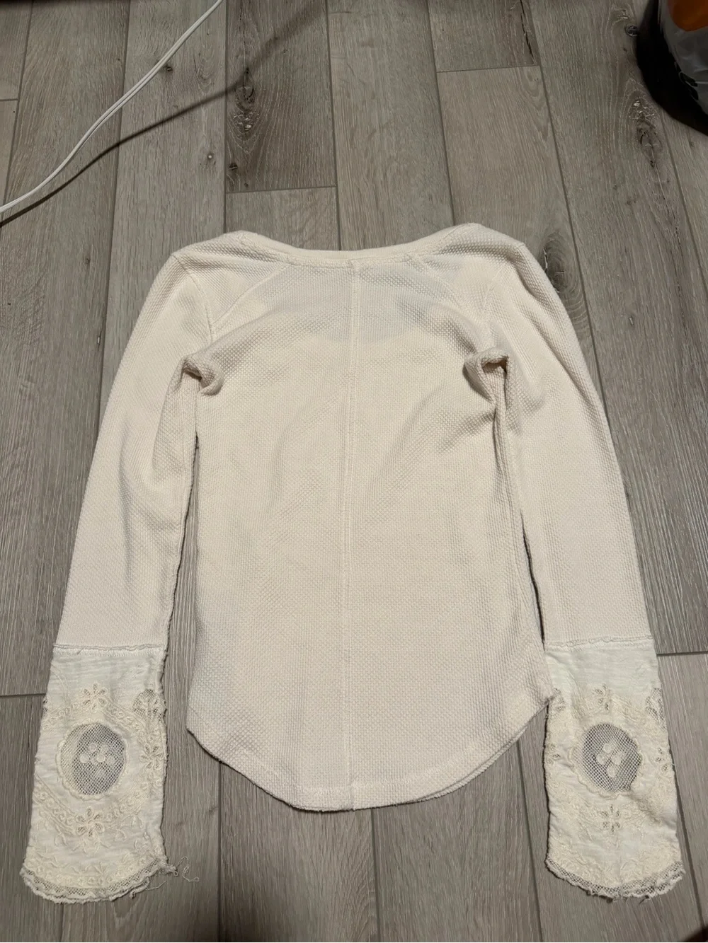 Free People Cream Scoop Neck Knit Top with Lace Trim